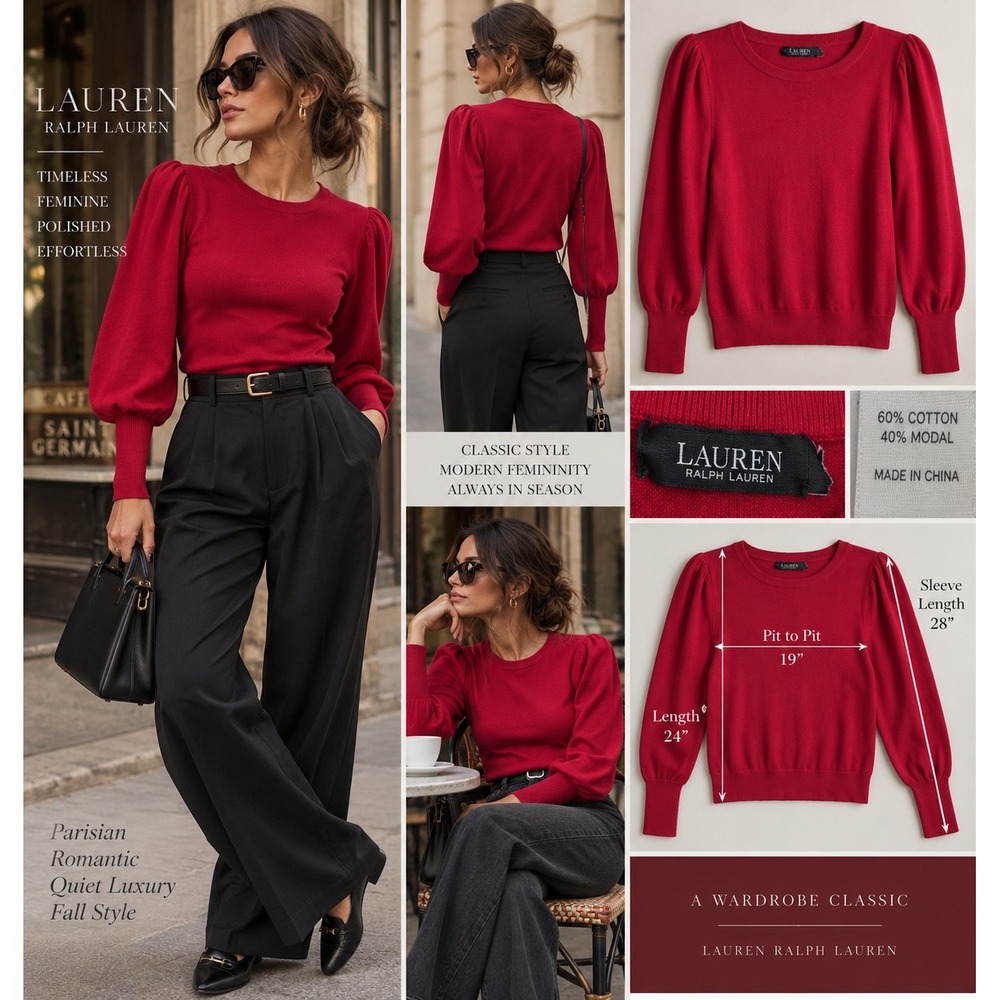 Lauren Ralph Lauren Red Puff Sleeve Sweater Cotton Modal Parisian Quiet Luxury